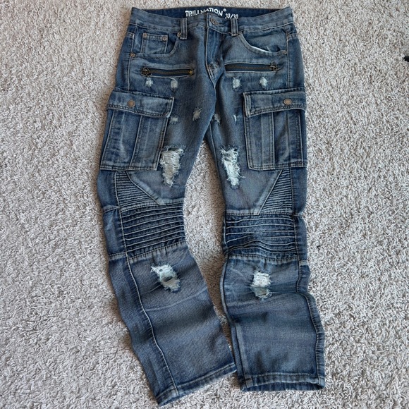 Trill Nation Other - Trill Nation Mens 30x30 Moto Biker Cargo Jeans Distressed Blue Denim Ribbed Knee